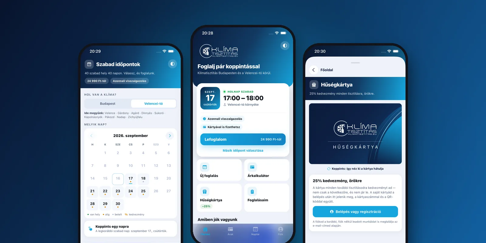 A Klímatisztítás app három képernyője: időpontnaptár, főoldal és hűségkártya
