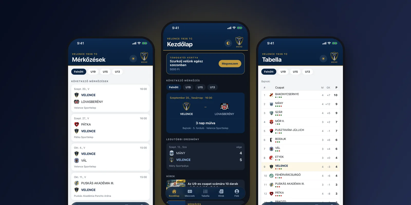 A Velence 1936 TC app három képernyője: mérkőzések, kezdőlap és tabella