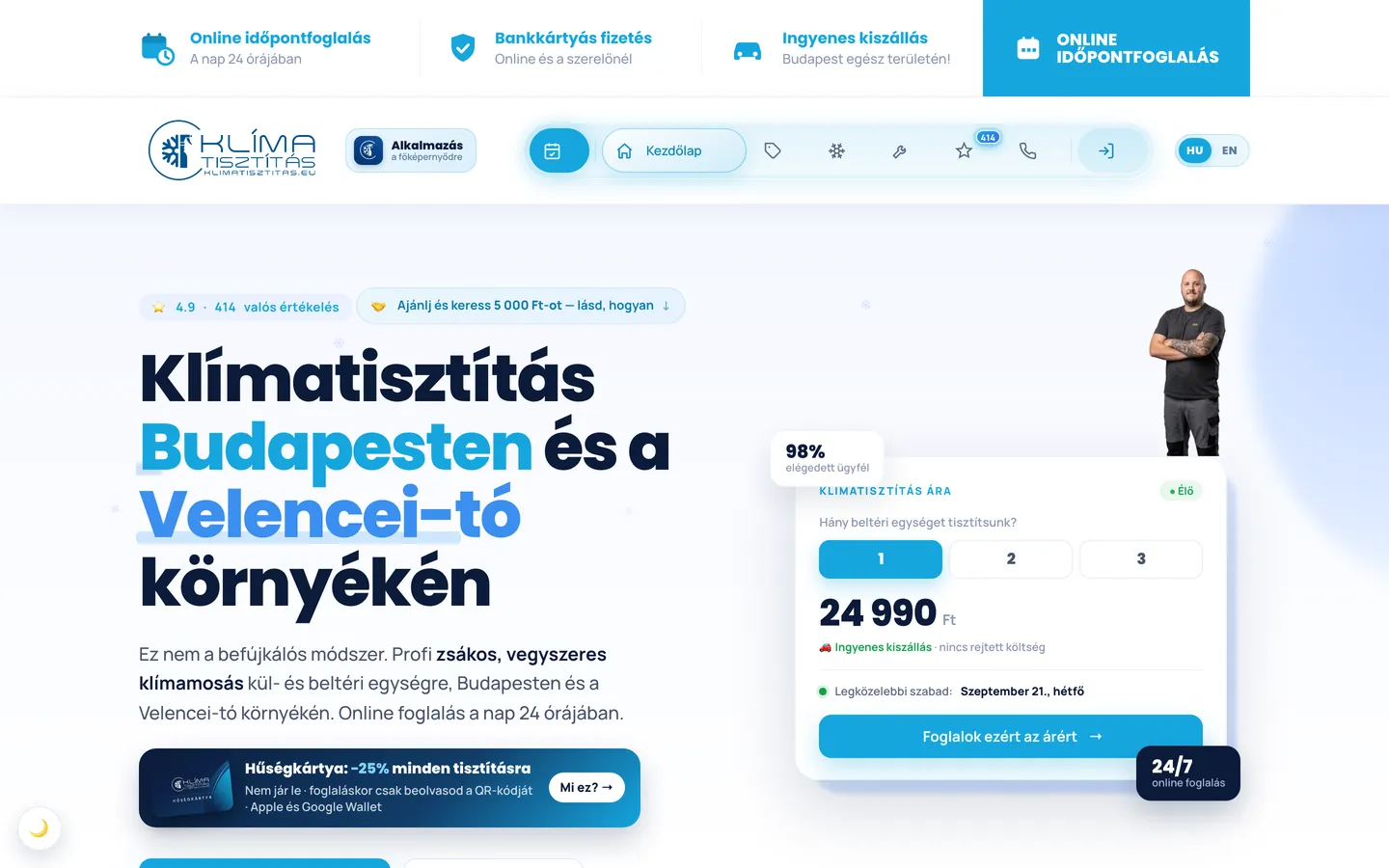 A klimatisztitas.eu főoldala árkalkulátorral és a legközelebbi szabad időponttal