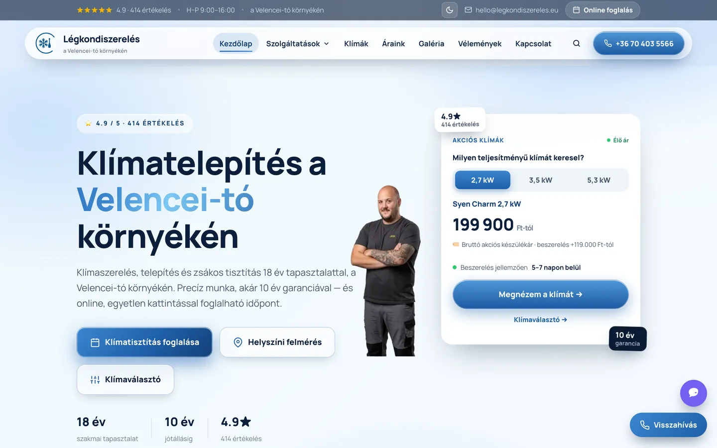 A legkondiszereles.eu főoldala akciós klímával és élő árral